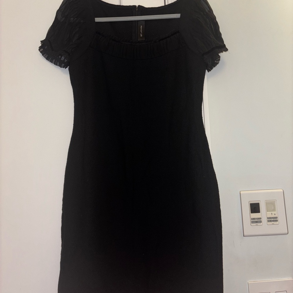 St. John Black Knit dress with Pleated Sheer Short Sleeves